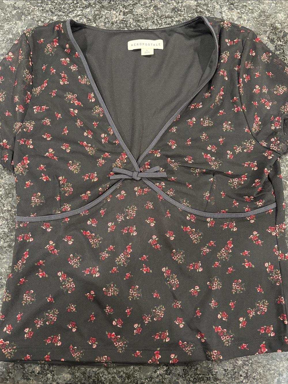 Aeropostale Black Floral V-Neck Tie Front Blouse